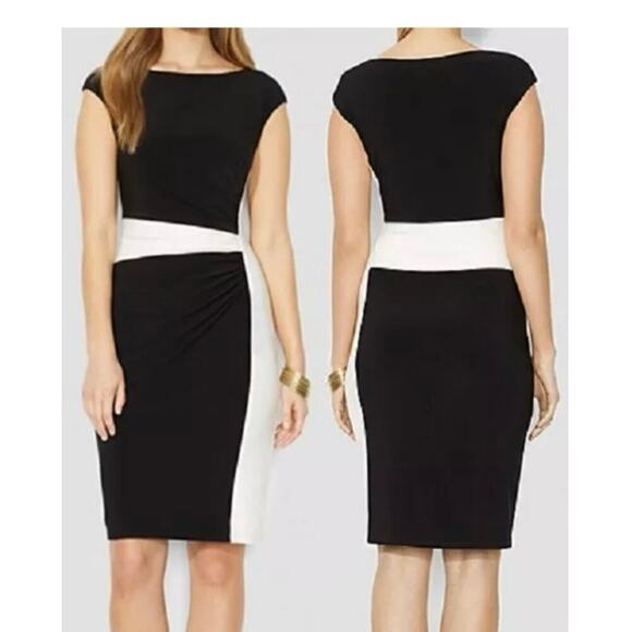 Lauren Ralph Lauren Black & White Color Block Ruched Sleeveless Dress Size 10 - Picture 1 of 11